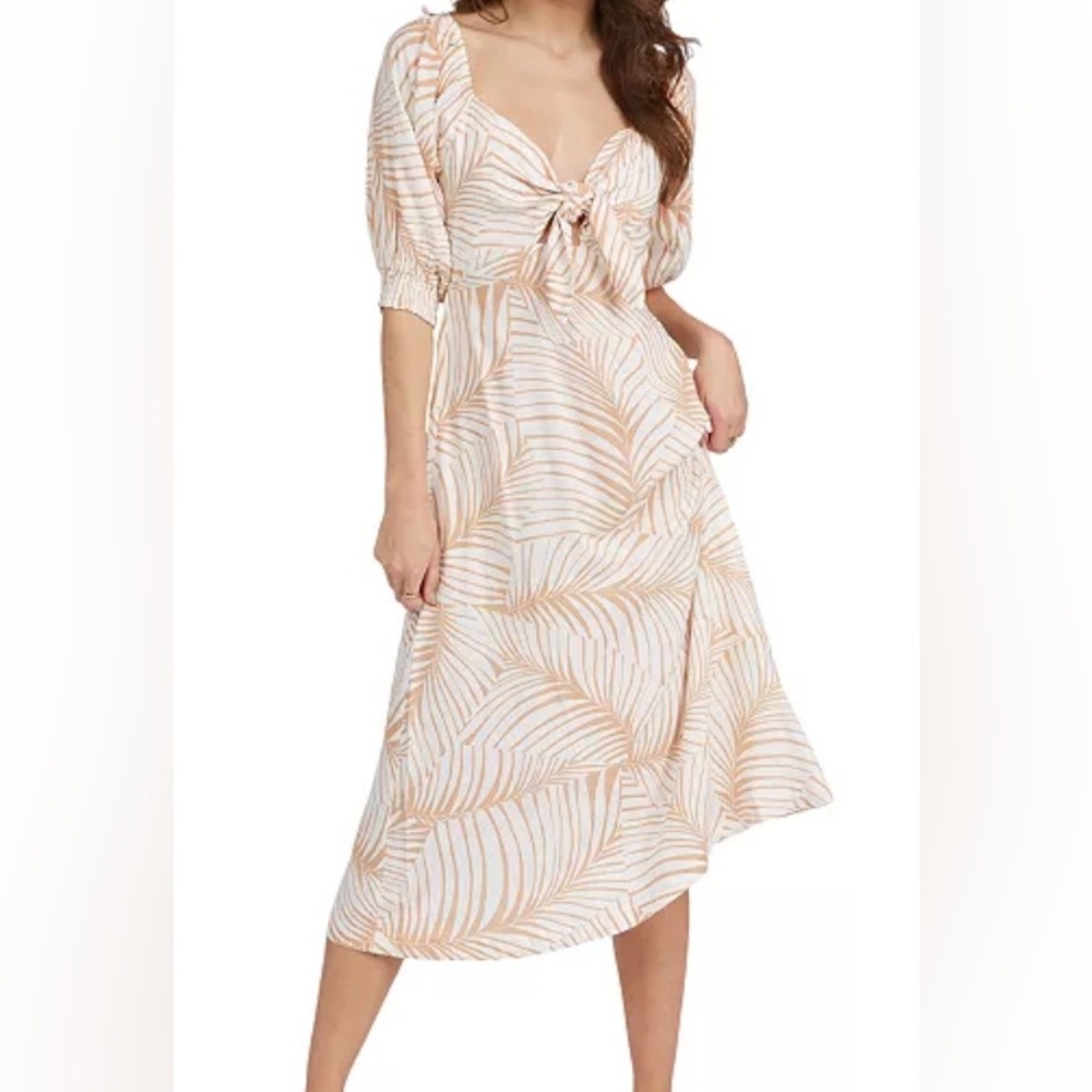 Roxy Evening Delight Palm‎ Print Tie Front Midi Dress White Tan ARJWD03434 Large